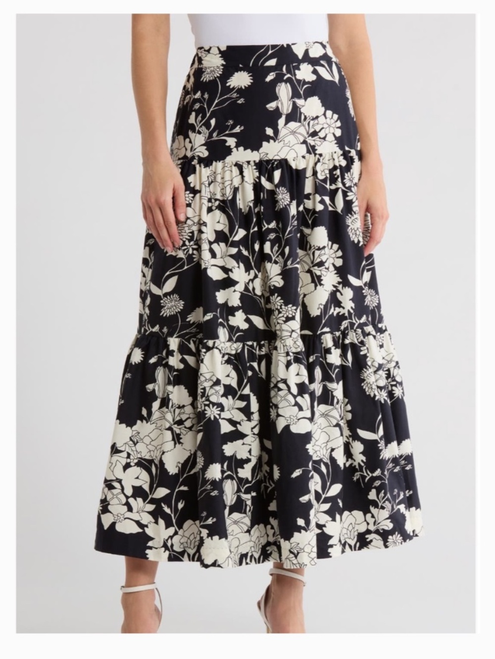 Jason Wu Black White Floral Tiered Maxi Skirt | Cotton | Size XS